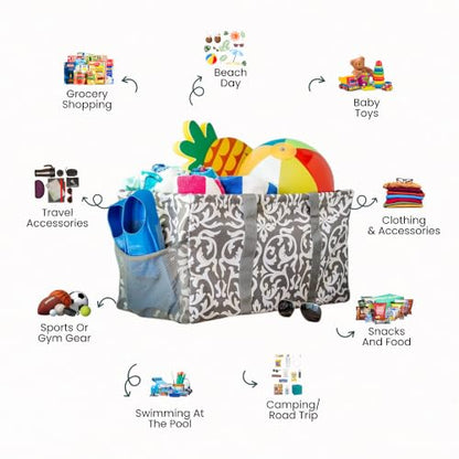 Extra Large Utility Tote Bag - Oversized Collapsible Beach Bag - Damask Gray - color: Damask Gray