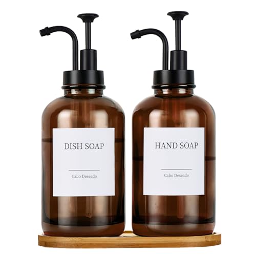 Glass Soap Dispenser with Pump, Dish and Hand Soap Dispenser for Kitchen Bathroom Set, Clear Glass Dispenser Set of 2 Pack with 18 Stickers Funnel Bamboo Tray 500ml 18oz Amber - color: Glass Amber