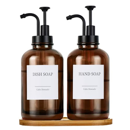 Glass Soap Dispenser with Pump, Dish and Hand Soap Dispenser for Kitchen Bathroom Set, Clear Glass Dispenser Set of 2 Pack with 18 Stickers Funnel Bamboo Tray 500ml 18oz Amber - color: Glass Amber