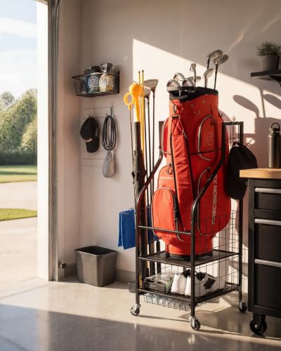 FHXZH Golf Bag Storage Garage Organizer - Golf Bag Stand with Wheels - color: Black - With Bottom Drawer Basket