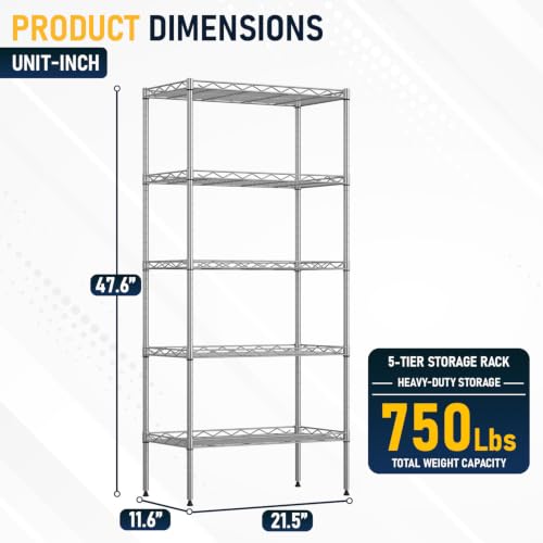 FDW | 5-Tier Wire Shelf | 22" x 12" x 48" | Chrome - color: Chrome, size: 22×12×48
