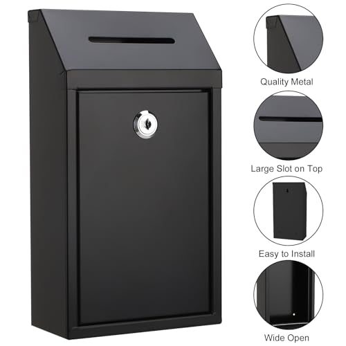 Metal Donation Box with Lock Money Cash Drop Box with Slot, Wall Mount Suggestion Box Collection Box Ballot Box for Home Office Outdoor Farm Stand, 10.2 x 5.7 x 3 in - color: Black