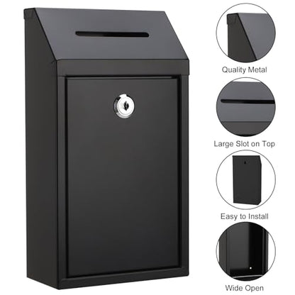 Metal Donation Box with Lock Money Cash Drop Box with Slot, Wall Mount Suggestion Box Collection Box Ballot Box for Home Office Outdoor Farm Stand, 10.2 x 5.7 x 3 in - color: Black