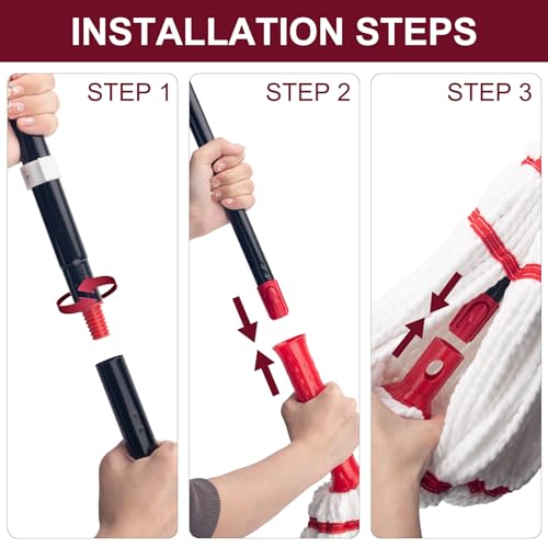 KeFanta Self Wringing Twist Mop, Easy Wringing Mop with 57 " Long Handle - color: Red (1 Handle & 1 Mop Head)