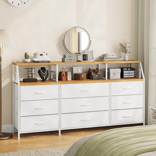 Homkdom White Dresser for Bedroom with 9 Fabric Drawers & Display Top Shelf - color: White