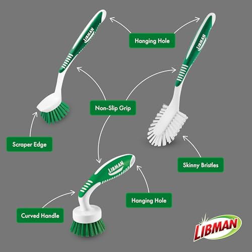 Libman Green & White Cleaning Brush Kit, 3-Piece Set, All-Purpose Brushes for Kitchen, Basins, Sinks, Dishwashers - style: Kitchen Brush Kit