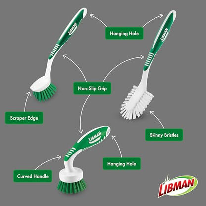 Libman Green & White Cleaning Brush Kit, 3-Piece Set, All-Purpose Brushes for Kitchen, Basins, Sinks, Dishwashers - style: Kitchen Brush Kit