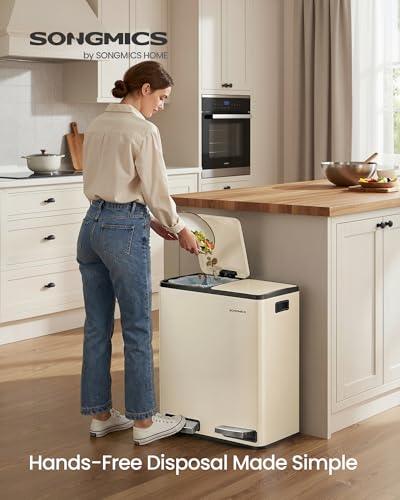 SONGMICS Trash Can, 2 x 8 Gallon (2 x 30 L) Double Compartment - color: Almond, size: 2 x 8 Gal.