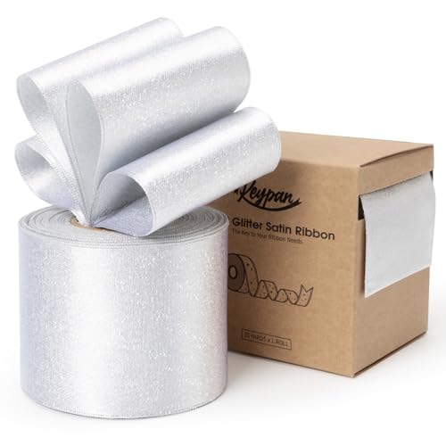 Keypan White Satin Ribbon Wired Silver Glitter 2-1/2 Inch x 10 Yards - color: Glitter White, size: 2-1/2"