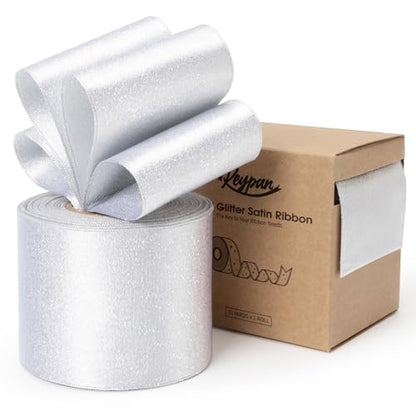Keypan White Satin Ribbon Wired Silver Glitter 2-1/2 Inch x 10 Yards - color: Glitter White, size: 2-1/2"