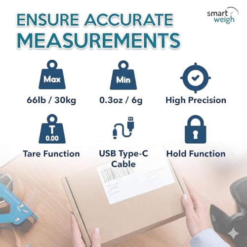 Smart Weigh Digital Postal Shipping Scale, 66 lb Capacity, 0.3 oz Readability, Hold & Tare Function, High-Accuracy Scale, Includes Batteries & USB-C - color: 66 lbs