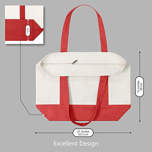 TOPDesign 1-Pack Canvas Tote Bag with an External Pocket, Reusable Grocery Shopping Bag, Top Zipper Closure, Daily Essentials (Red/Natural) - color: Red/Natural