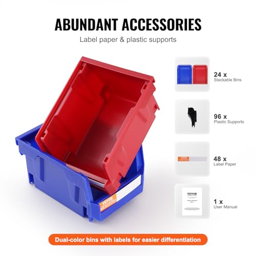VEVOR Plastic Storage Bins 24 Pack (5 x 4 x 3-Inch), Hanging Stackable Storage Organizer Bins, Heavy Duty Stacking Containers for Closet, Garage, Office, or Small Parts Organization - style: Red&Blue-24PC-1L