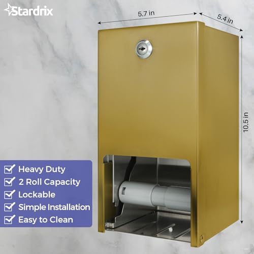 Stardrix Gold 2 Roll Stainless Steel Commercial Toilet Paper Dispenser, Heavy Duty Wall Mount Tissue Holder with Lock for Restroom/Bathroom - color: Gold