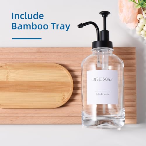 Glass Soap Dispenser with Pump, Dish and Hand Soap Dispenser for Kitchen Bathroom Set, Clear Glass Dispenser Set of 2 Pack with 18 Stickers Funnel Bamboo Tray 500ml 18oz / Each Bottle Sliver Pump - color: Glass+black Pump
