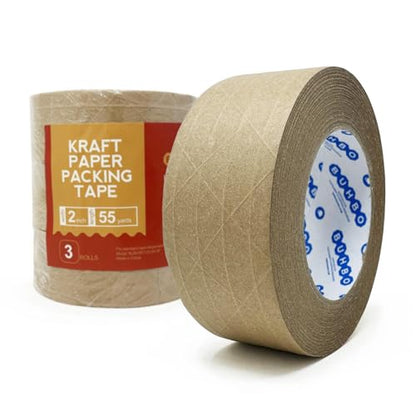 Buhbo Brown Kraft Paper Reinforced Packing Tape, 2 inch x 55 Yards, 3 Rolls