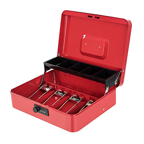 Cash Box with Money Tray and Combination Lock, Metal Money Box for Cash Register, Tiered Lock Box for Money 11.8" x 9.4" x 3.54" Red - color: Red with Combination Lock