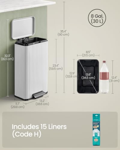 SONGMICS Trash Can, 8 Gallon (30 L), Stainless Steel, with Lid, Pedal - color: Cloud White, size: 8 Gallon