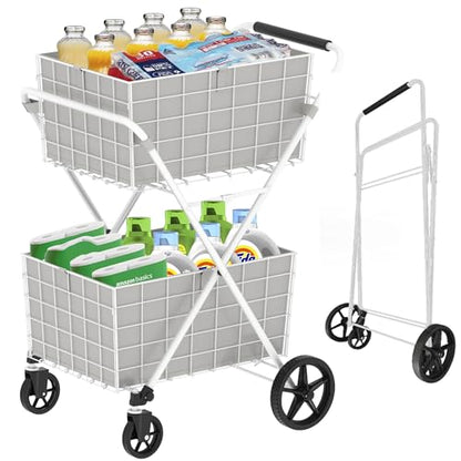 Stainless Steel Extra Jumbo 2-Tier Foldable Grocery Cart with Double Baskets, 360° Swivel Wheels, White,Capacity is 100kg/220 pounds. - color: White