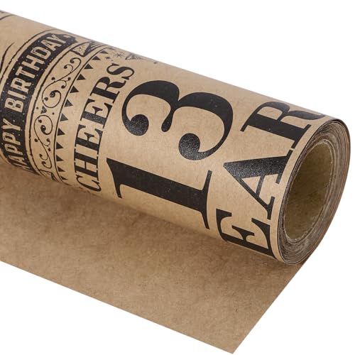RUSPEPA Birthday Wrapping Paper Roll, Mini Roll, Black 13 Years Design Kraft Gift Wrap Paper Great for Birthday, Party, Holiday, 17 inches x 16.4 feet, 13th Birthday - color: 13th Birthday