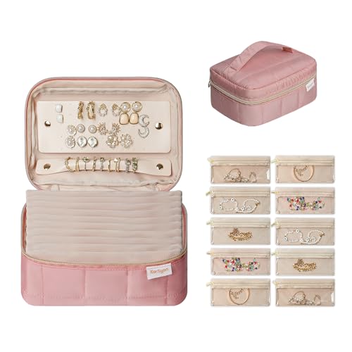 KarSyon Travel Jewelry Case Organizer Boxes with 10 Velvet Zipper Pouches - color: Dark Pink, size: Large