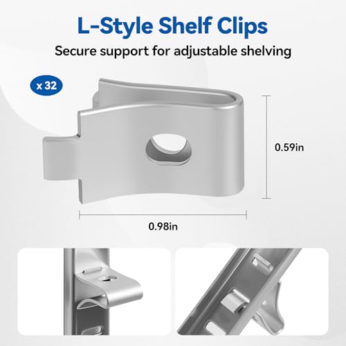 Adjustable Shelf Bracket 40 Inch 8 Pack Wall Shelf Pilaster Tracks, Stainless Steel Mortise Mount System with 32 Aluminum Alloy Shelf Clips for Closet, Cabinet & Wall Storage