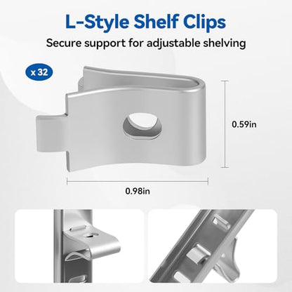 Adjustable Shelf Bracket 40 Inch 8 Pack Wall Shelf Pilaster Tracks, Stainless Steel Mortise Mount System with 32 Aluminum Alloy Shelf Clips for Closet, Cabinet & Wall Storage