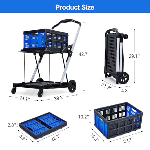 2-Tier Collapsible Aluminum Utility Cart, 198 Lb Capacity, 360° Wheels - color: Blue