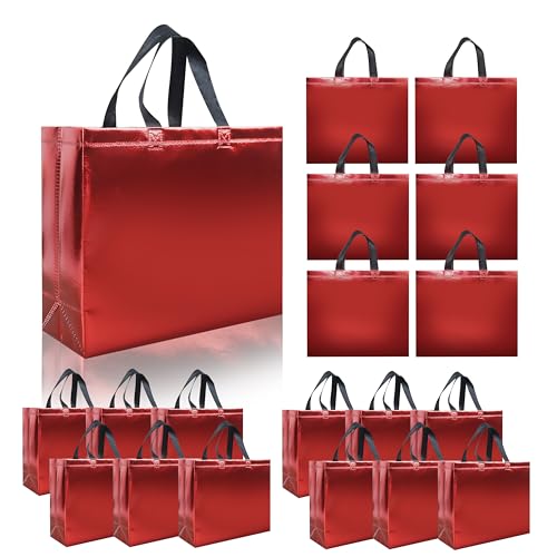 cabzymx 15 Pcs Glossy Red Reusable Gift Bags with Handles, 12.6 x 4.7 x 11 In Party Bags with Sturdy Base, Holiday Goodie Bag Bulk for Birthday, Wedding, Party, Xmas - color: Red, size: 1 Count (Pack of 15)