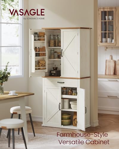 VASAGLE Pantry Cabinet, Freestanding Tall Cupboard with a Drawer - color: Rustic White