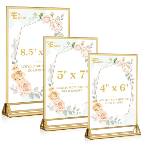 EHWINE 6 Pack 8.5×11 Clear Acrylic Sign Holder with Gold Borders and Vertical Stand, Double Sided Table Menu Holders Picture Frames for Wedding Table Numbers, Restaurant Signs, Photos and Art Display