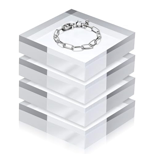 4 Pcs Acrylic Display Block, 4 x 4 x 1 Inch Clear Polished Square Cube Riser Pedestal Stand for Jewelry Rings Cake Perfume Ornaments Collection
