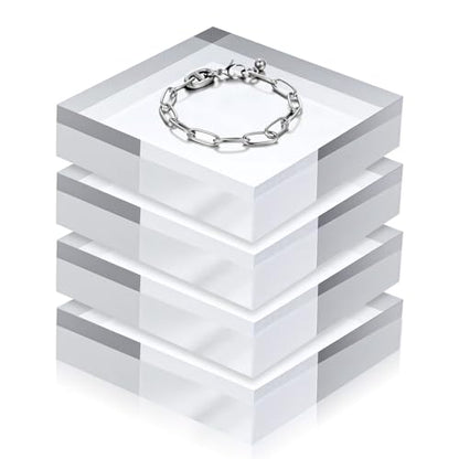 4 Pcs Acrylic Display Block, 4 x 4 x 1 Inch Clear Polished Square Cube Riser Pedestal Stand for Jewelry Rings Cake Perfume Ornaments Collection