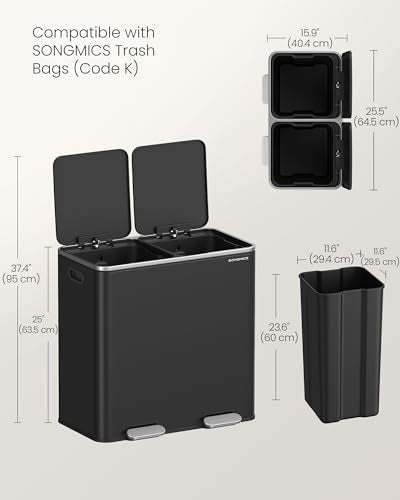 SONGMICS Trash Can, 2 x 10.6 Gallon (2 x 40 L), Black - color: Black, size: 2 x 10.6 Gallon