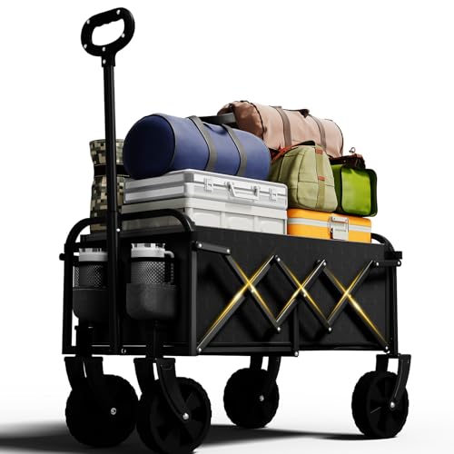 Foldable Wagon, Collapsible Wagon with Wheels, Small Wagons Cart with Flexible Handle, Portable Grocery Utility Wagons for Camping, Garden, Sports, Black