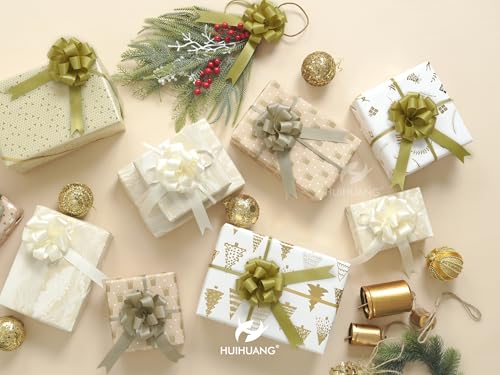 HUIHUANG Gold Christmas Bows for Gift Wrapping 12 PCS Gold Satin Pull Bows - color: Gold, size: 1 Pack (12 bows, 4 in x 8 in)