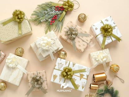 HUIHUANG Gold Christmas Bows for Gift Wrapping 12 PCS Gold Satin Pull Bows - color: Gold, size: 1 Pack (12 bows, 4 in x 8 in)