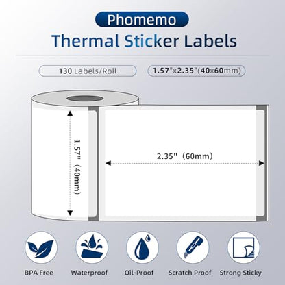 Phomemo Transparent Thermal Labels, 1.57" x 2.36" (40x60mm), Self-Adhesive Thermal Printer Paper, 130 Labels/Roll, for Phomemo M110/M220/M120/M150/M250 Label Printer, Clear - color: Clear, size: 1.57"x2.36"