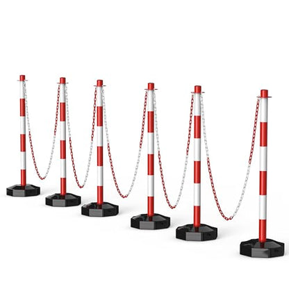 6 Pack Traffic Delineator Post Cones with Fillable Base & 5Ft Chain - color: Red+White