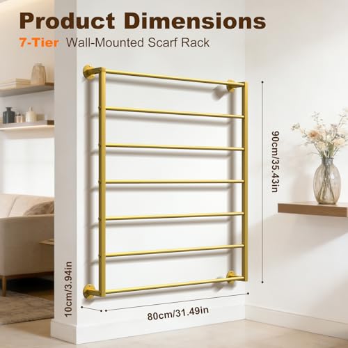 Wall Mounted Scarf Rack, Hijab Hanger Organizer (Gold, 7T-31.5×35.4IN) - size: 7-Tier (31.5×35.4IN)