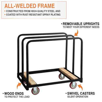 4 Wheel Panel Cart Dolly, Heavy Duty Dolly Cart, 6 Inch Casters, Panel Bars & E Strap Attachment Included, 1,500 Lb Capacity