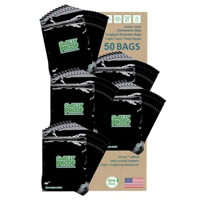 Smelly Proof Reusable Food Storage Bags, Black 4-Mil Thick, Heavy Duty Reusable Snack Bags, Reusable Freezer Bags, BPA-Free, No PEVA, Non-Silicone, 6.5” x 7.5”, 50-Pack - size: 50 x Reusable Bags