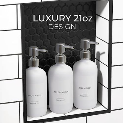 Stylish Shampoo & Conditioner Dispenser Set of 3 - White 21oz Bottles - color: White