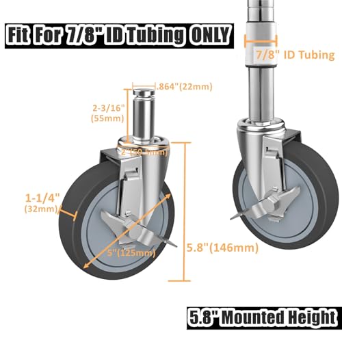 RILIDRI 5-Inch Caster for Wire Shelving Racks, Heavy Duty Scaffolding Wheel with Brake, Set of 4 Metro Shelving Replacement Wheels(.864" x 2-3/16") (Pack of 3) - size: 5 Inch (Pack of 3)