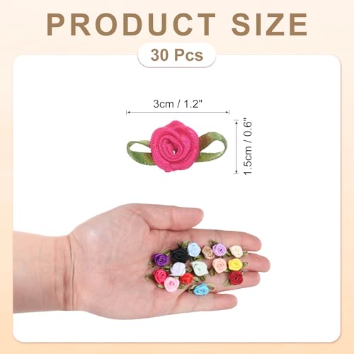 MECCANIXITY 30 Pcs Rose Red Mini Ribbon Bows Roses 5/8" x1-3/16 Tiny Satin Bows Roses for Sewing Appliques Crafts Little Artificial Flowers - color: Rose Red