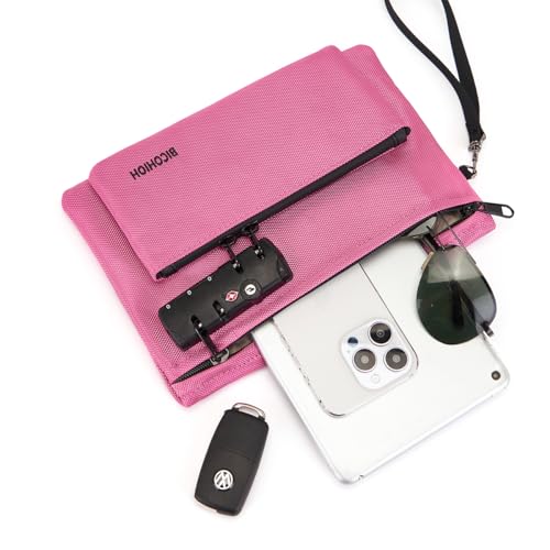 Money Bag with Lock, Double layer Cash Bag, Notary Supplies, Valuable Storage Bag,Lock Bag travel safe - color: Pink