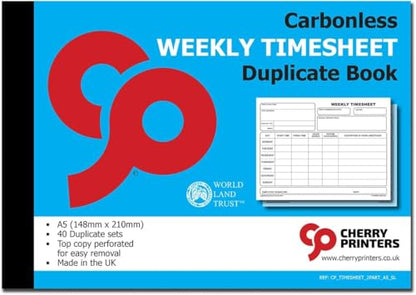 Cherry Printers | NCR | Weekly Timesheet | Duplicate Book | A5 | 40 Sets