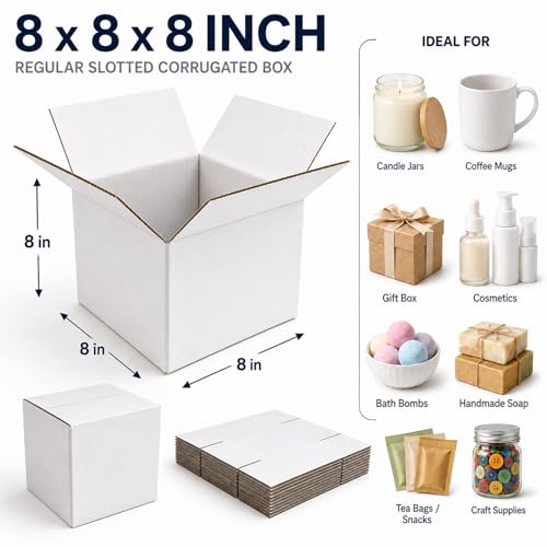 8x8x8 White Shipping Boxes, 25 Pack - size: 8x8x8 Inch