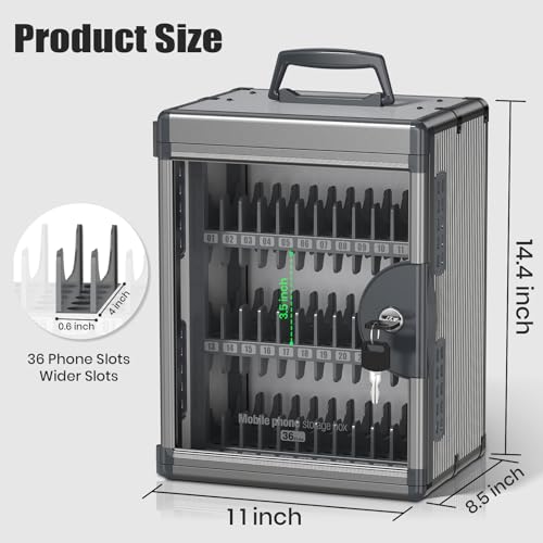 36 Slots Cell Phone Locker for Classroom with Key, Portable Mobile Phone Storage Box with Handle & Charging Hole, Phone Lock Box Wall Mounted for School (Black, 36 Slots) - size: 36 Slots