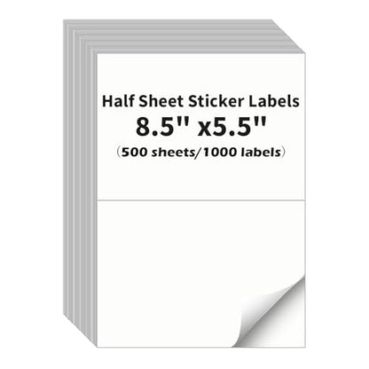 Half Sheet Labels, 2 per Sheet, 500 Sheets, 1000 Labels, 8.5" x 5.5" Size - size: 8.5" x 5.5", style: 500 sheets